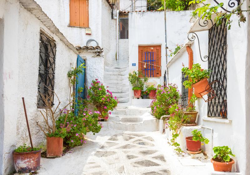  Eine schöne Gasse mit typisch weißen Hauswänden und bunten Pflanzen in Kübeln im Athen Urlaub mit Kindern