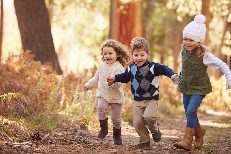 Drei Kinder laufen im Familien Kurzurlaub Herbstferien Hand in Hand durch die Natur
