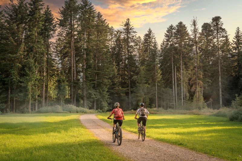 Zwei Personen fahren vor einer Bergkulisse Fahrrad