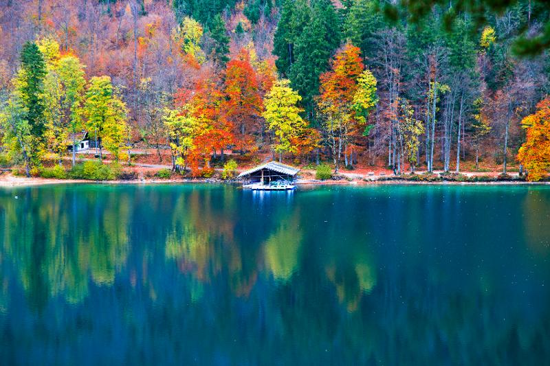 Aussicht auf einen See mit Bootshaus und herbstlichen Bäumen im Familienurlaub Bayern See