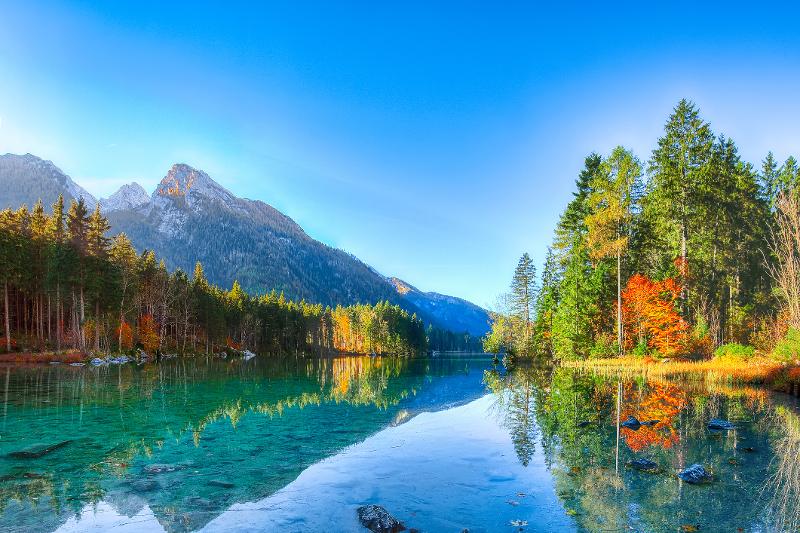 Ausblick auf einen Bergsee mit glasklarem Wasser, Bäumen und Bergen im Hintergrund im Familienurlaub in den Bergen Deutschland