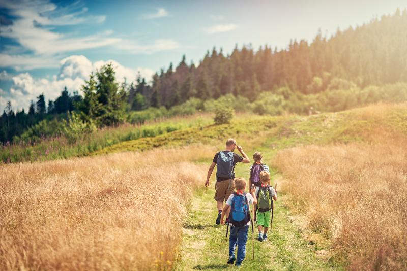 Eine Familie, die im Familienurlaub in den Bergen Deutschland auf einer Wanderung durch Felder geht. Es ist schönes Wetter und im Hintergrund sind Wälder