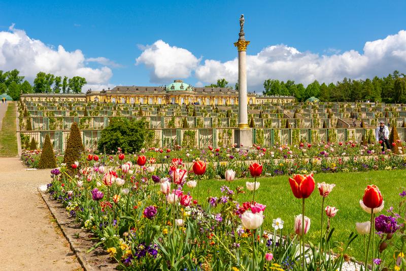 Der schöne Schlosspark in Brandenburg mit blühenden Blumen und historischer Architektur.