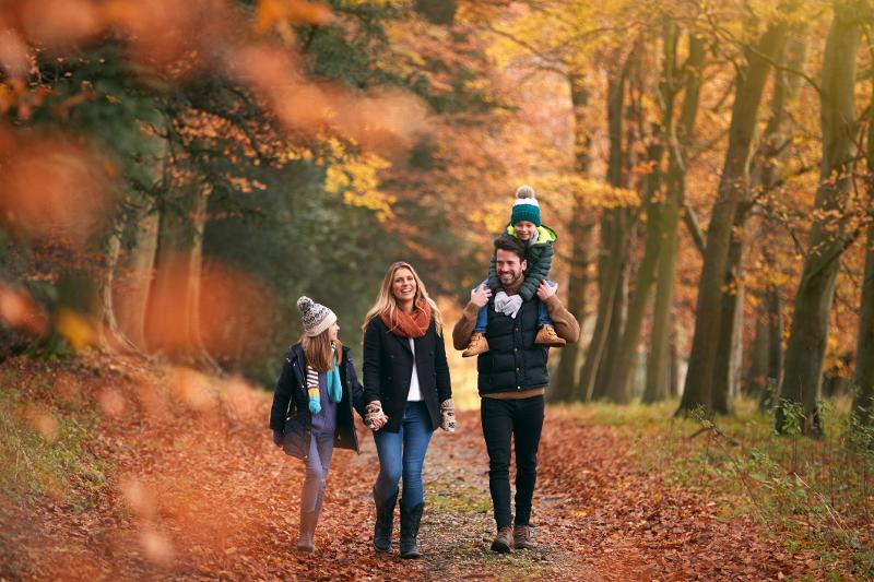 Familie spaziert im Familienurlaub Herbstferien durch einen Wald