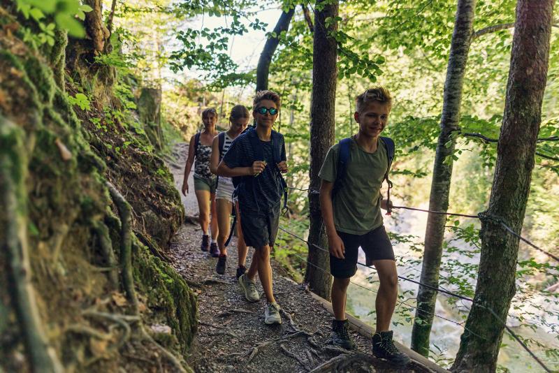  Familie wandert hintereinander durch grünen Wald im Familie Kurzurlaub Deutschland