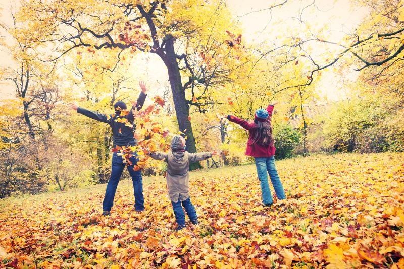 Eine drei köpfige Familie amusiert sich mit den ersten Herbstblättern im All Inclusive Urlaub in Deutschland mit Kindern