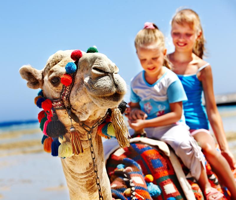 Zwei Kinder sitzen auf einem geschmücktem Kamel im Urlaub mit Kindern Ägypten 