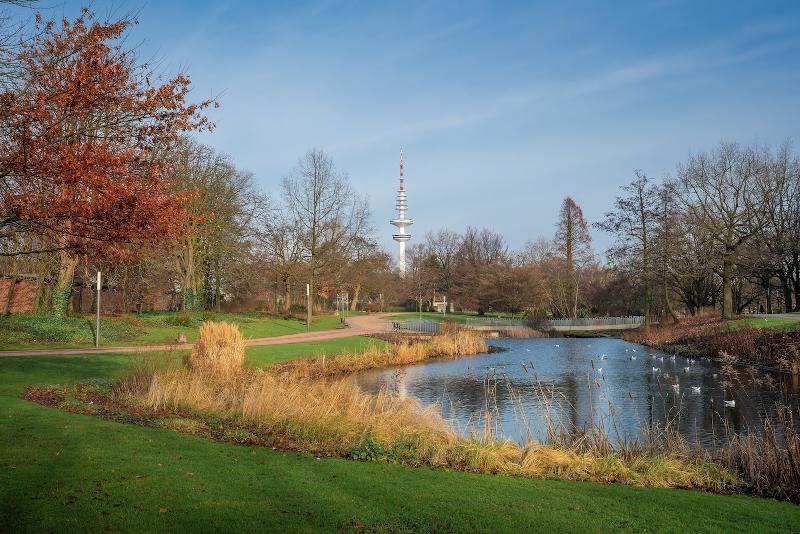 Ein Park mit Teich auf dem Vögel sind und Wege, Wiesen und Bäume im Wochenende in Hamburg mit Kindern