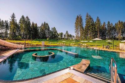 Moderne Poolanlage neben Nadelbäumen im Familienurlaub Deutschland