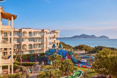 Bunter Spielplatz hinter Palmen am Meer im Familienurlaub Mallorca