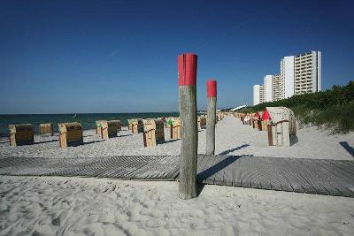 Strand mit Strandkörben und großen Gebäuden im Familienurlaub Ostsee