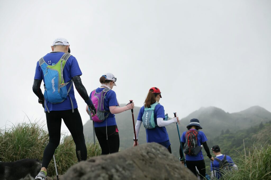 Menschen mit Sportbekleidung und Wanderstöckern gehen auf einem Wanderweg. Im Hintergrund sieht man Berge in einer grünen Landschaft und bedecktes Wetter